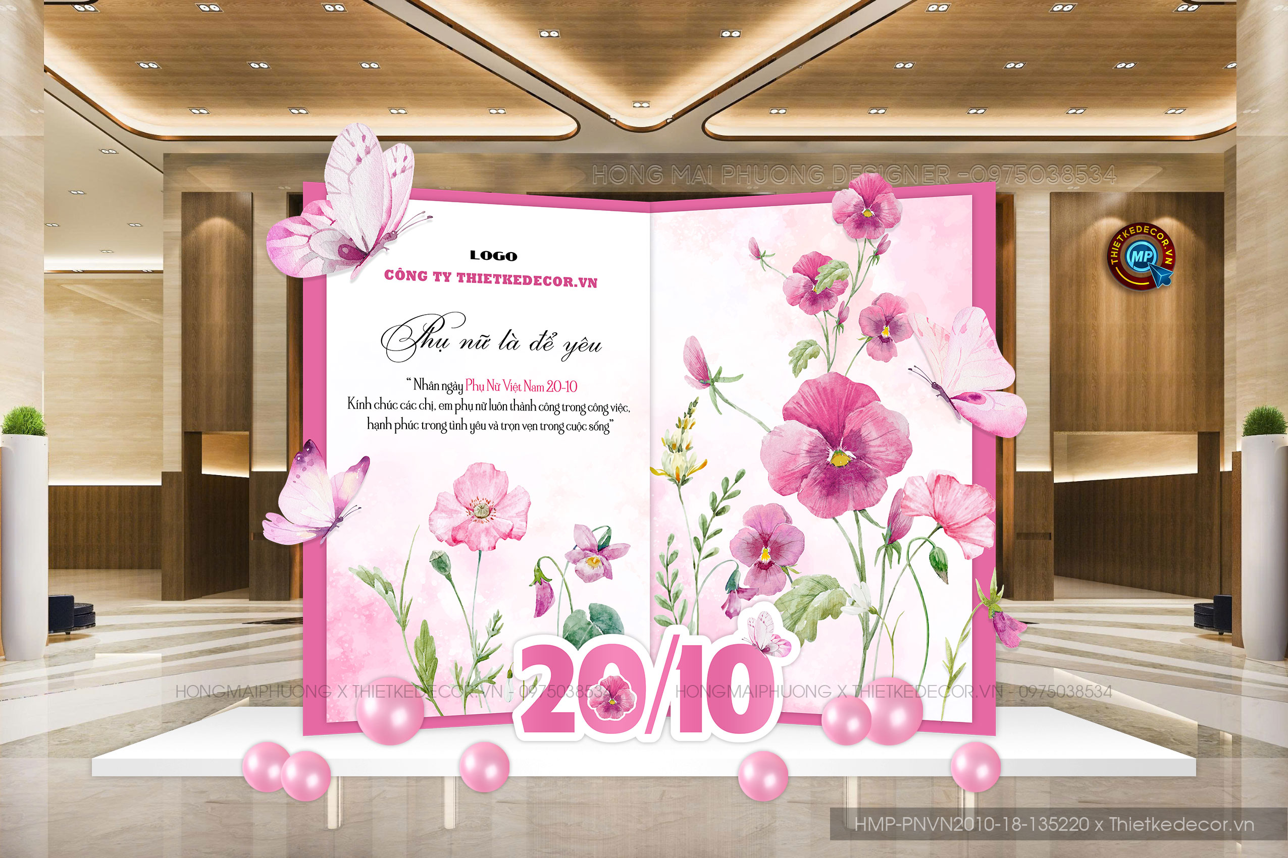 Backdrop check in ngày PNVN 20-10 hoa bướm hồng giả quyến sách